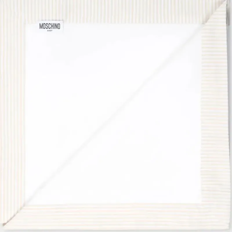 Moschino Blankets & Quilts*Baby - Popeline Striped Blanket With Bear Embroidery, Beige
