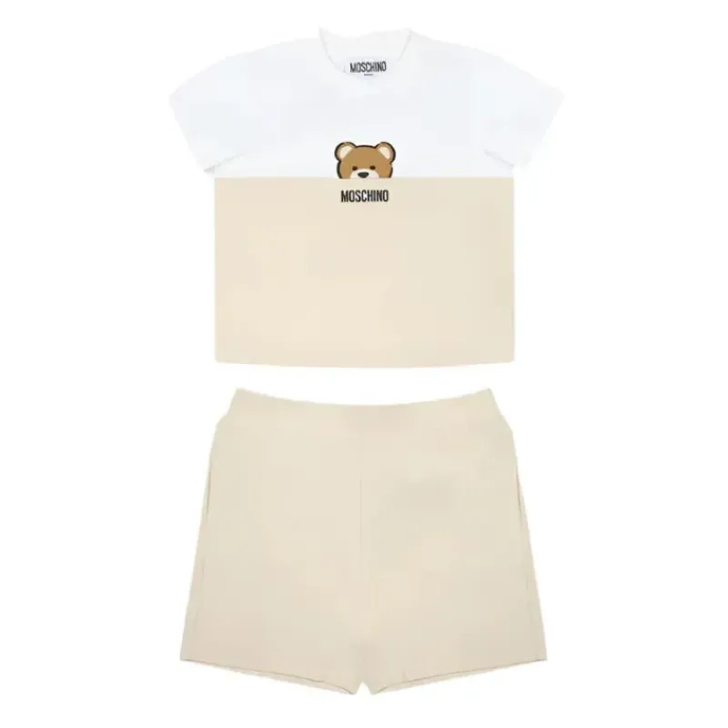 Moschino Baby Sets*Baby - Short Sleeve Tee And Shorts Set With Bear Print In Gift Box Beige