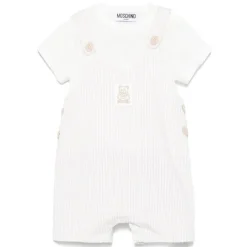 Moschino Baby Sets*Baby - Unisex Short Sleeve Tee With Striped Overall And Bear Patch Beige