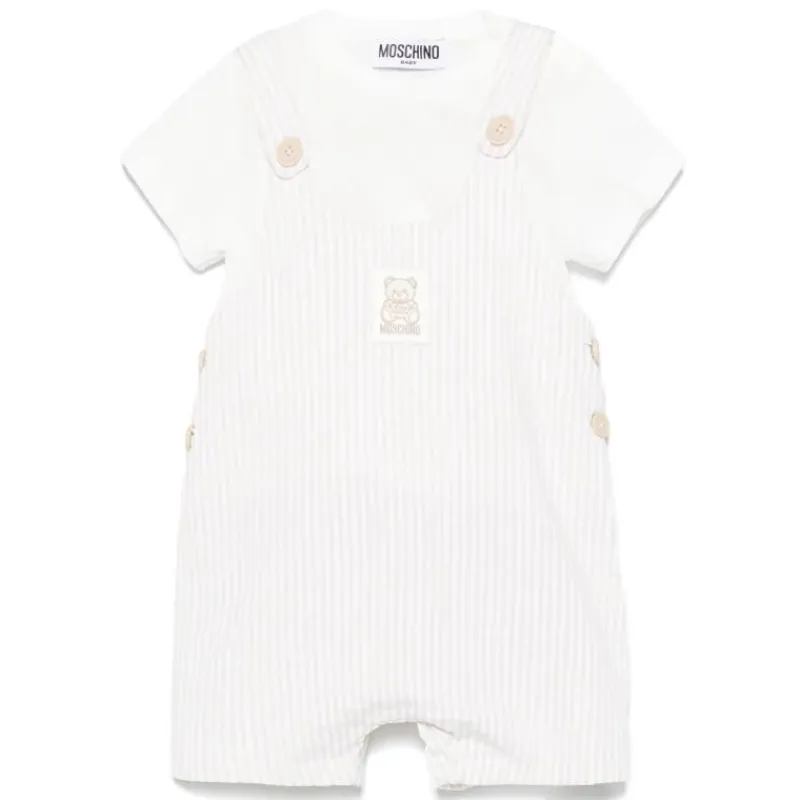 Moschino Baby Sets*Baby - Unisex Short Sleeve Tee With Striped Overall And Bear Patch Beige