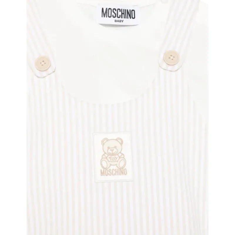 Moschino Baby Sets*Baby - Unisex Short Sleeve Tee With Striped Overall And Bear Patch Beige