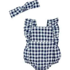 Mud Pie Baby One-Pieces*- Baby Girl Navy Gingham Bubble & Headband Set