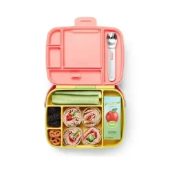 Munchkin Lunch Box|Dishes, Utensils & Food Containers*- Lunch Bento Box with Stainless Steel Utensils (Yellow & Pink)