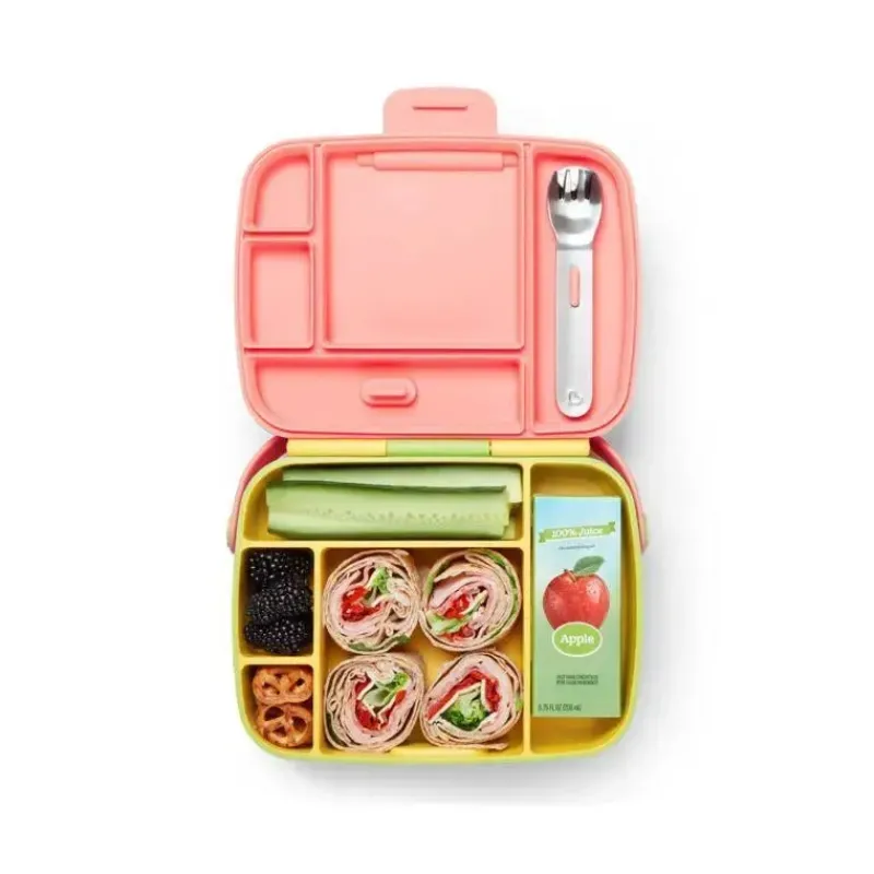 Munchkin Lunch Box|Dishes, Utensils & Food Containers*- Lunch Bento Box with Stainless Steel Utensils (Yellow & Pink)