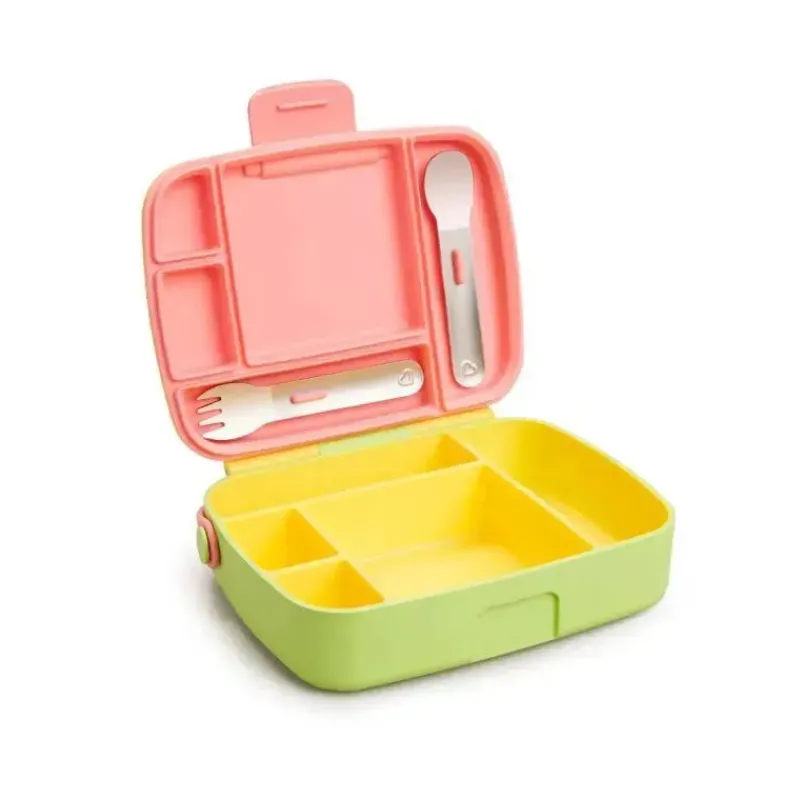 Munchkin Lunch Box|Dishes, Utensils & Food Containers*- Lunch Bento Box with Stainless Steel Utensils (Yellow & Pink)