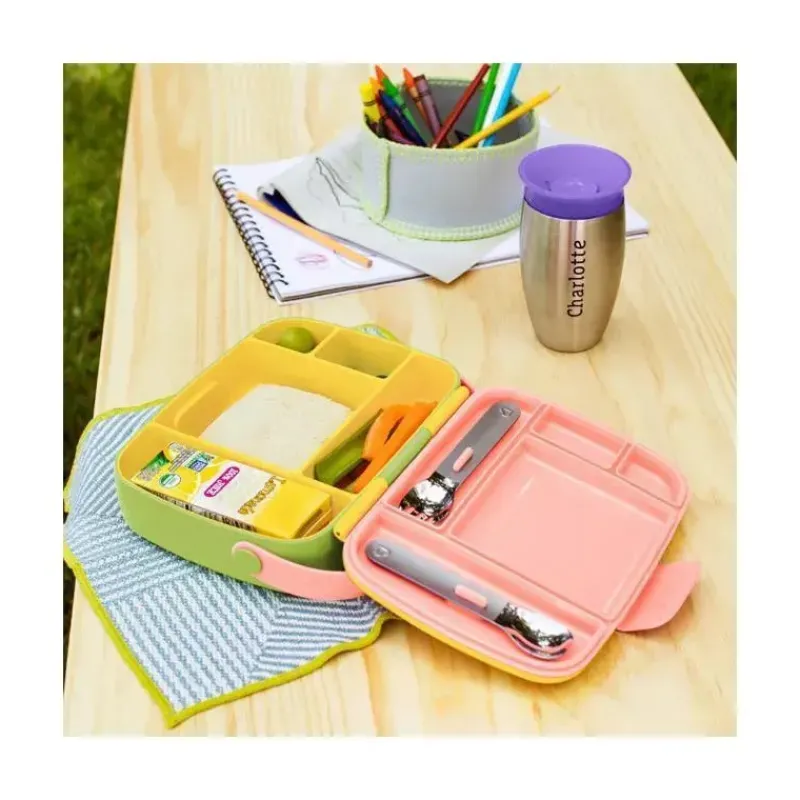Munchkin Lunch Box|Dishes, Utensils & Food Containers*- Lunch Bento Box with Stainless Steel Utensils (Yellow & Pink)