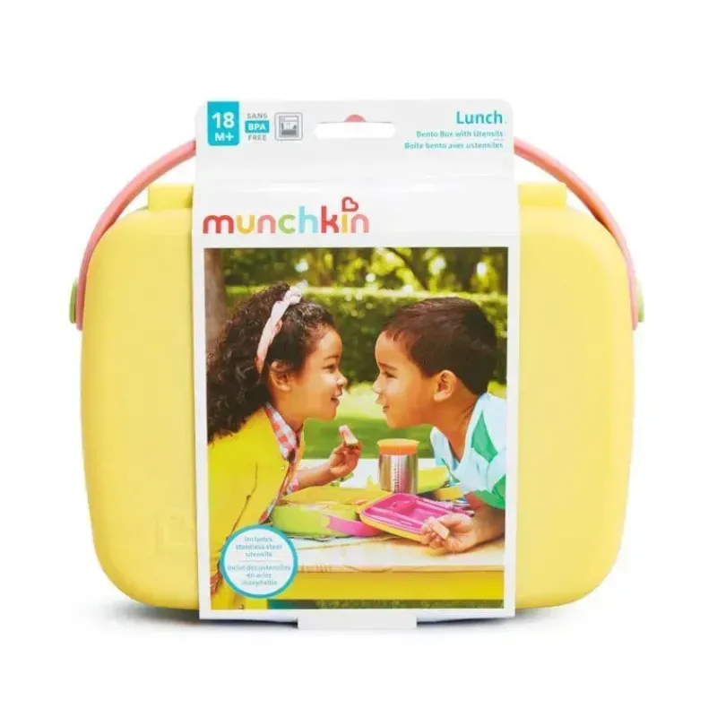 Munchkin Lunch Box|Dishes, Utensils & Food Containers*- Lunch Bento Box with Stainless Steel Utensils (Yellow & Pink)