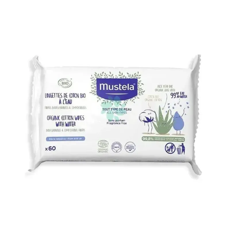 Mustela Organic|Wipes & Warmers*- Certified Organic Water Wipes with Cotton and Aloe 60Ct