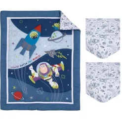 NoJo Toy Story|Bedding Sets*- Disney Toy Story Outta This World Blue and Gray Buzz Lightyear 4 Piece Nursery Crib Bedding Set - Comforter, Fitted Crib Sheet, Changing Pad