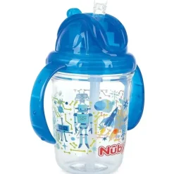 Nuby Straw, Sippy & Training Cups|Dishes, Utensils & Food Containers*- Blue Tritan 2 Handle No-Spill Flip-it Fat Straw Printed Cup, 8Oz
