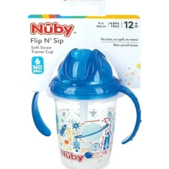 Nuby Straw, Sippy & Training Cups|Dishes, Utensils & Food Containers*- Blue Tritan 2 Handle No-Spill Flip-it Fat Straw Printed Cup, 8Oz