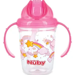 Nuby Straw, Sippy & Training Cups|Dishes, Utensils & Food Containers*- Pink Tritan 2 Handle No-Spill Flip-it Fat Straw Printed Cup, 8Oz