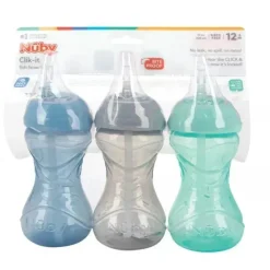 Nuby Straw, Sippy & Training Cups|Dishes, Utensils & Food Containers*- 3Pk Clik-It Flexi-Straw Cup10Oz, Aqua/Grey/Blue