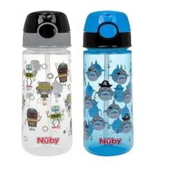 Nuby Straw, Sippy & Training Cups|Dishes, Utensils & Food Containers*- 2Pk Kid’s Printed Flip-it Active Water Bottle 18M+, Prints May Vary