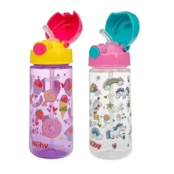 Nuby Straw, Sippy & Training Cups|Dishes, Utensils & Food Containers*- 2Pk Kid’s Printed Flip-it Active Water Bottle 18M+, Prints May Vary