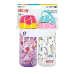 Nuby Straw, Sippy & Training Cups|Dishes, Utensils & Food Containers*- 2Pk Kid’s Printed Flip-it Active Water Bottle 18M+, Prints May Vary