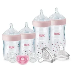 Nuk Feeding Gift Set|Straw, Sippy & Training Cups*- Simply Natural Baby Bottles with SafeTemp Gift Set, Pink, 4 Bottles, 3 Pacifiers and 2 Replacement Bottle Nipples