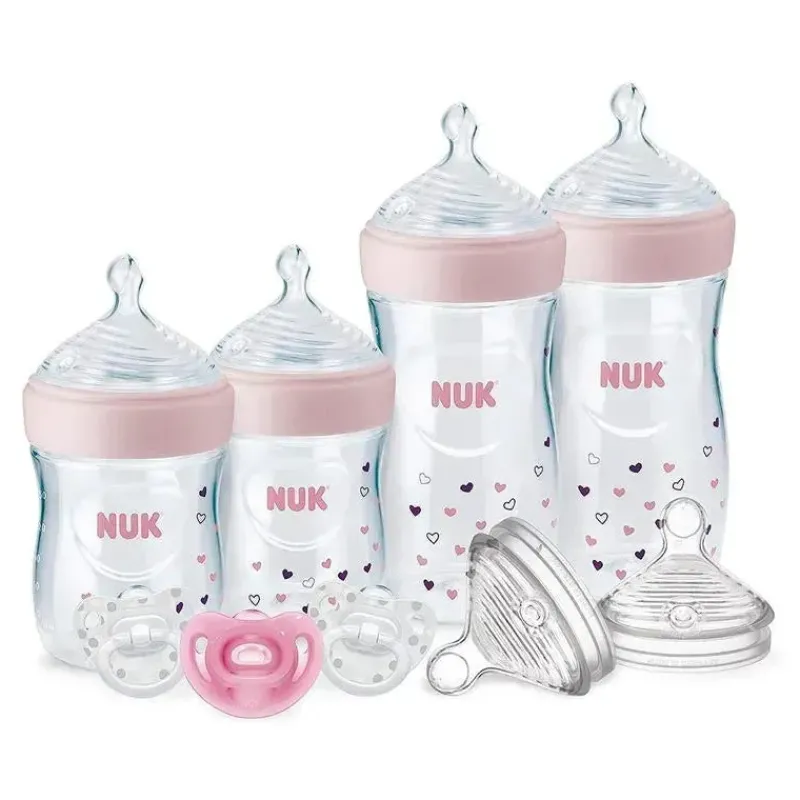 Nuk Feeding Gift Set|Straw, Sippy & Training Cups*- Simply Natural Baby Bottles with SafeTemp Gift Set, Pink, 4 Bottles, 3 Pacifiers and 2 Replacement Bottle Nipples