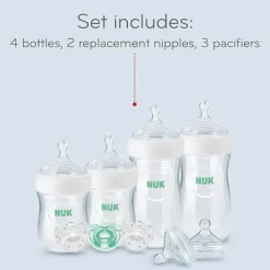 Nuk Feeding Gift Set|Straw, Sippy & Training Cups*- Simply Natural Baby Bottles with SafeTemp Gift Set, Pink, 4 Bottles, 3 Pacifiers and 2 Replacement Bottle Nipples