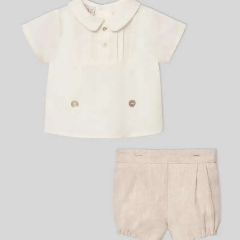 Paz Rodriguez Baby Sets*- Baby Boy Set Woven Newborn Shirt + Shorts Area, Cream