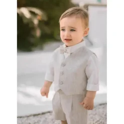 Paz Rodriguez Dresswear*- Baby Woven Newborn Waistcoat & Short & Shirt, Beige/White