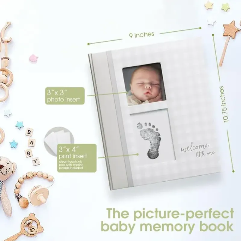 Pearhead Baby Cool Baby Products*Pearhead - Gingham Baby Memory Book And Clean-Touch Ink Pad, Gray
