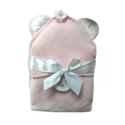 Piccolo Bambino Baby Bath Towels*- Luxury Velour Hooded Towel With Satin Ears, Pink