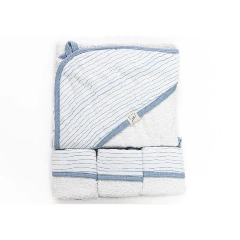 Piccolo Bambino Baby Bath Towels*Blue Striped Baby Hooded Towel & 3 Baby Washcloths Set