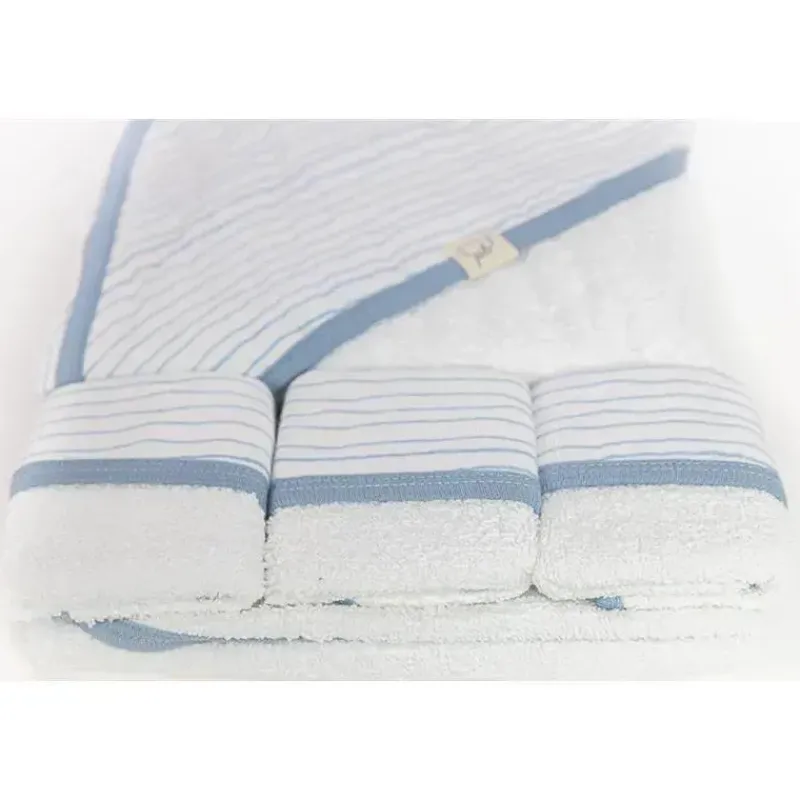 Piccolo Bambino Baby Bath Towels*Blue Striped Baby Hooded Towel & 3 Baby Washcloths Set