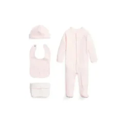 Ralph Lauren Baby Sets*Polo Baby - 4Pk Long-Sleeve Interlock Coverall, Bib, Beanie & Print Knit Caddy, Delicate Pink