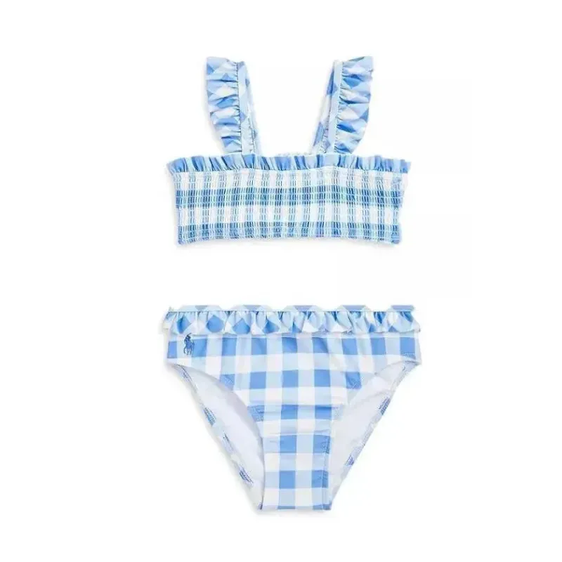 Ralph Lauren Baby Swimming Clothes*Polo Baby - 2Pk Smocked Top Gingham Swimsuit, Harbor Island Blue