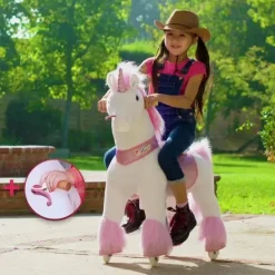 PonyCycle Ride-On Toys*Pink Unicorn 4-10 Years Old, Kids Unicorn Ride on Toy, Ride on Unicorn Toy Plush, Pink Pony