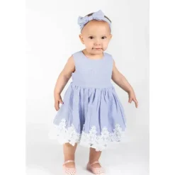 Popatu Dresses|Baby Dresses & Skirts*- Baby Girls Blue Stripes Lace Trim Dress