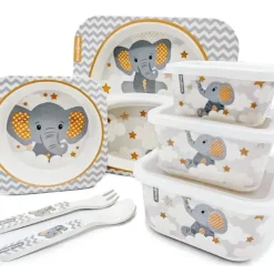 Primo Passi Cool Baby Products|Gifts From $25 To $50*- Bamboo Fiber Kids Super Combo - Divided Square Plate, Square Bowl, Fork&Spoon, And 3 Food Container With Lids - Little Elephant