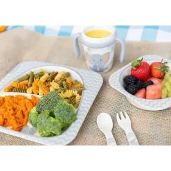 Primo Passi Cool Baby Products|Gifts From $25 To $50*- Bamboo Fiber Kids Super Combo - Divided Square Plate, Square Bowl, Fork&Spoon, And 3 Food Container With Lids - Little Elephant