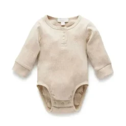 Pure Baby Baby Onesies & Bodysuits*- Baby Neutral Rib Long Sleeve Henley Bodysuit, Biscuit Melange