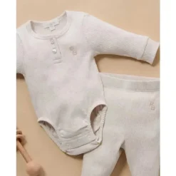 Pure Baby Baby Onesies & Bodysuits*- Baby Neutral Rib Long Sleeve Henley Bodysuit, Wheat Melange