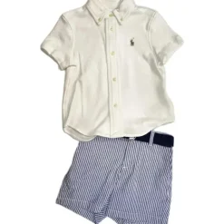 Ralph Lauren Baby Sets*- Short Sleeve Interlock Knit SportShirt W/ Seersucker Short Set 12M, White