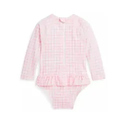 Ralph Lauren Baby Swimming Clothes*Baby - Baby Girls Gingham Ruffled One Piece Rash Guard Swimsuit