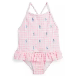 Ralph Lauren Baby Swimming Clothes*Baby - 1Pk Gingham Pony Print Swimsuit, Light Pink