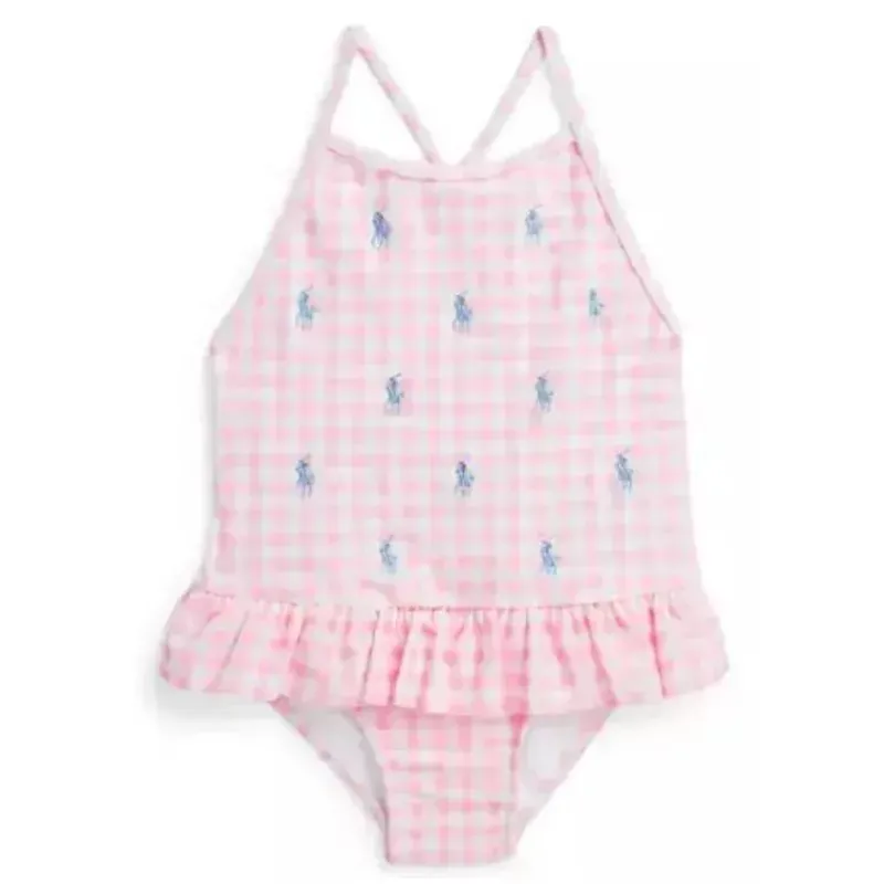 Ralph Lauren Baby Swimming Clothes*Baby - 1Pk Gingham Pony Print Swimsuit, Light Pink