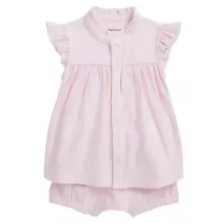 Ralph Lauren Baby One-Pieces*Baby - 2Pk Short Sleeve Oxford Mesh Top With Bloomer, Carmel Pink