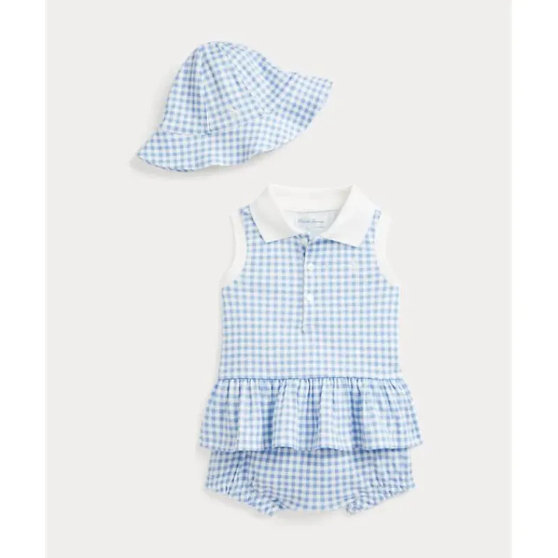 Ralph Lauren Baby Sets*Baby - 2Pk Sleeveless Interlock Knit Gingham Ruffle Polo Shortall With Hat