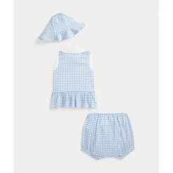 Ralph Lauren Baby Sets*Baby - 2Pk Sleeveless Interlock Knit Gingham Ruffle Polo Shortall With Hat