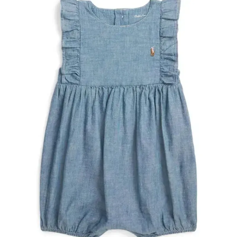 Ralph Lauren Baby One-Pieces*Baby - Sleeveless Chambray Ruffle Shortall, Denim Light