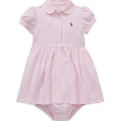 Ralph Lauren Baby One-Pieces*Baby - Striped Knit Oxford Dress & Bloomer, Camel Pink