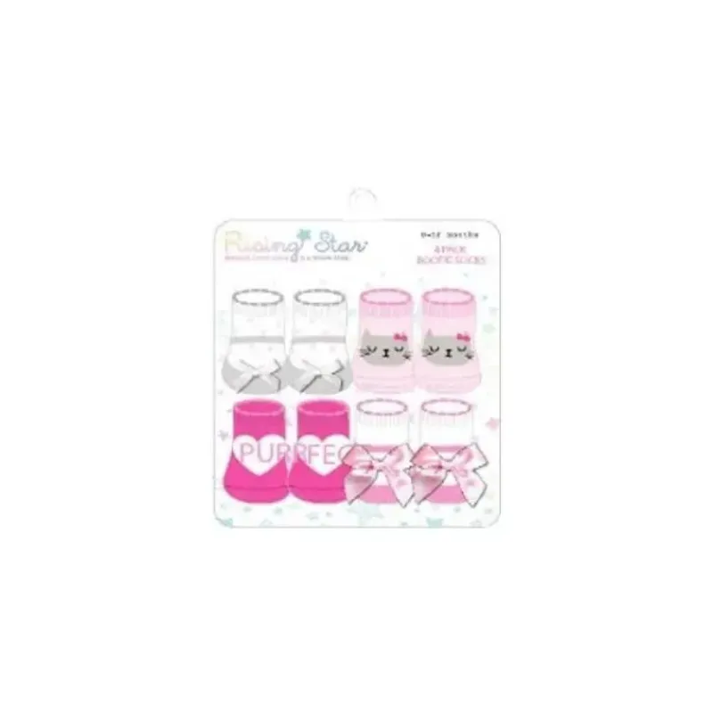 ABG Baby Baby Gloves & Socks*Rising Star Baby Girl Booties 4Pk, Light Pink Cat, White with Ribbon 0-12M