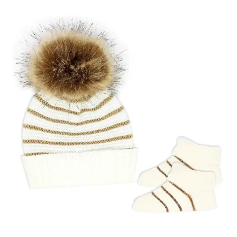 Rose Textiles Baby Hats*Rose Textile - Baby Blish Gold Lurex Stripe Hat & Bootie Set