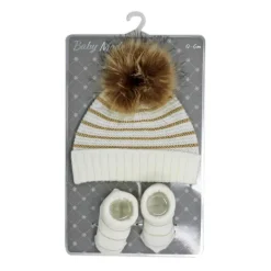 Rose Textiles Baby Hats*Rose Textile - Baby Blish Gold Lurex Stripe Hat & Bootie Set