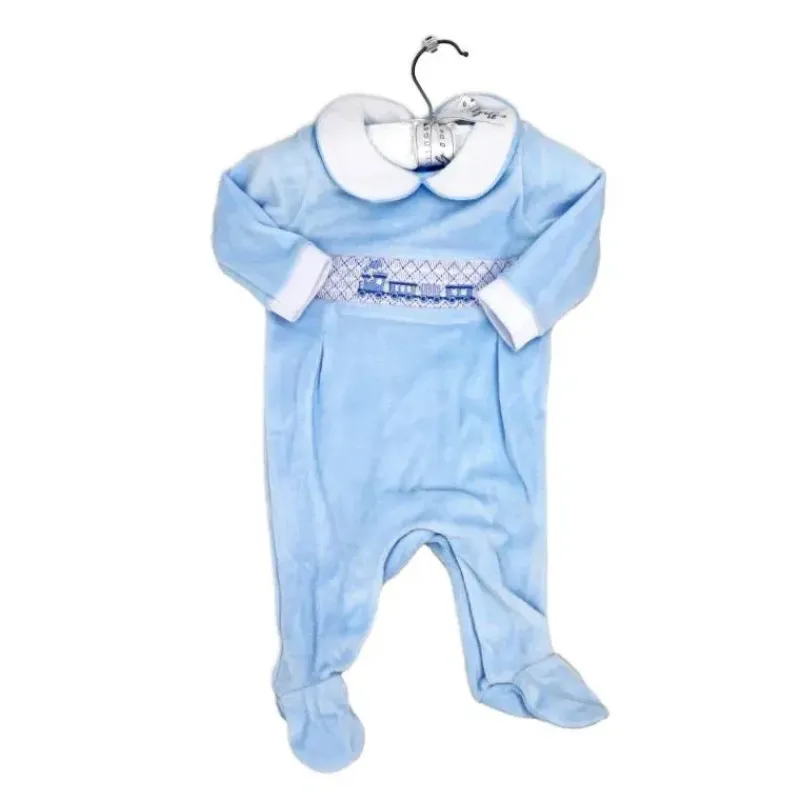Rose Textiles Baby Sleepwear*Rose Textile - Baby Boy's Smocking Train Velour Coverall